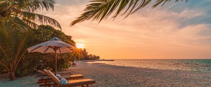 Sonnenliegen und -schirme an einem tropischen Strand bei Sonnenuntergang