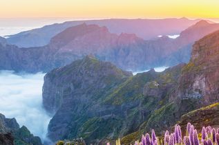 Nebelige Berglandschaft bei Sonnenaufgang auf Madeira, Portugal