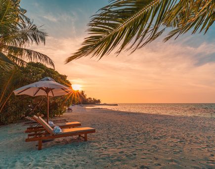 Sonnenliegen und -schirme an einem tropischen Strand bei Sonnenuntergang