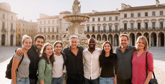 Reisegruppe mit neun Teilnehmenden steht lachend auf einem Platz einer mediterranen Stadt