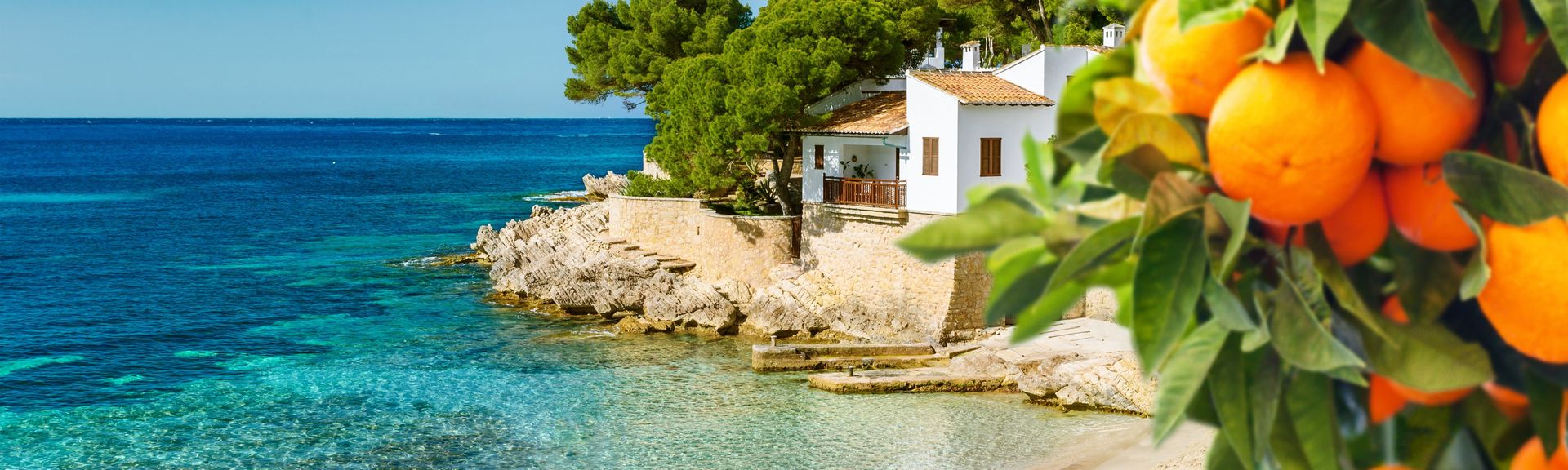 Bucht auf Mallorca mit kleinem weißem Haus und Orangen im Vordergrund 
