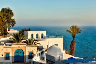 Sonnenuntergang mit Häusern, Palmen und Meer von Sidi Bou Said, Tunesien