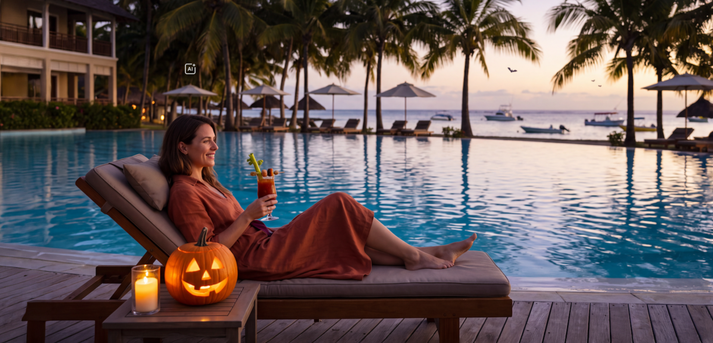 Eine Frau mit Cocktail in der Hand liegt bei Dämmerung entspannt auf einer Liege an einem Hotelpool und blickt aufs Meer, ein erleuchteter Halloween-Kürbis steht neben ihr auf dem Beistelltisch.