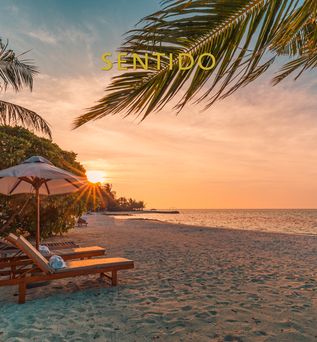 Sonnenliegen und -schirme an einem tropischen Strand bei Sonnenuntergang