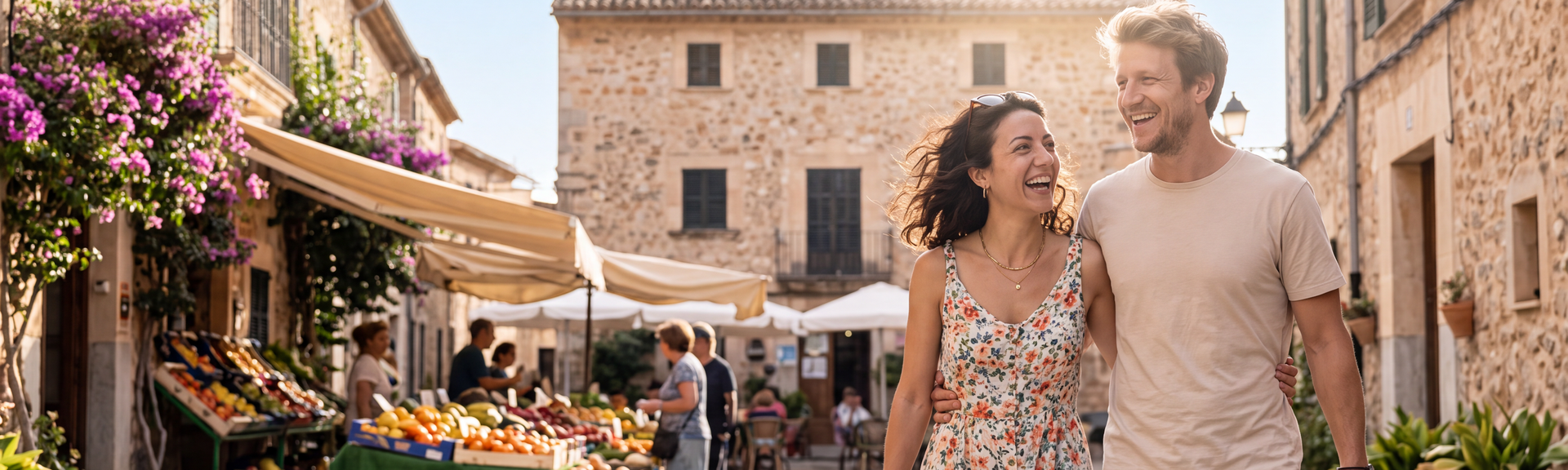 Ein Mann und eine Frau laufend lachend Arm in Arm über den Marktplatz einer mediterranen Stadt.