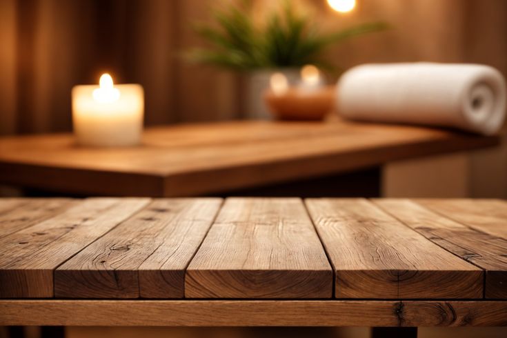 Liegen aus dunklem Holz mit Kerzen im Hintergrund