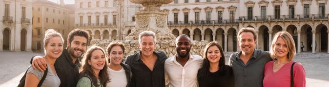 Reisegruppe mit neun Teilnehmenden steht lachend auf einem Platz einer mediterranen Stadt