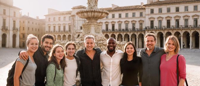 Reisegruppe mit neun Teilnehmenden steht lachend auf einem Platz einer mediterranen Stadt